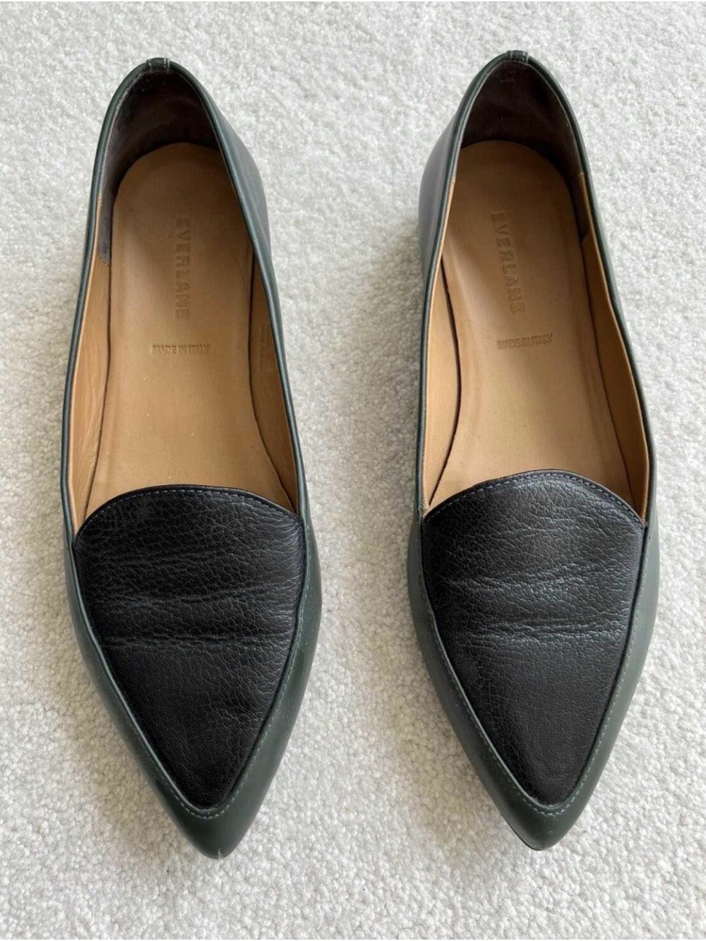Everlane Two-Tone Pointed Leather Flats in Dark Green and Black